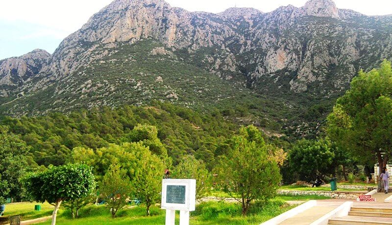 Un paysage verdoyant avec des arbres au premier plan et une imposante chaîne de montagnes de Zagouan en Tunisie en arrière-plan, qui rappelle les Destinations Incontournables de Tunisie. Un petit panneau d'information blanc est visible entre les arbres sous un ciel clair avec une pointe de nuages, parfait pour Escapades Nature.